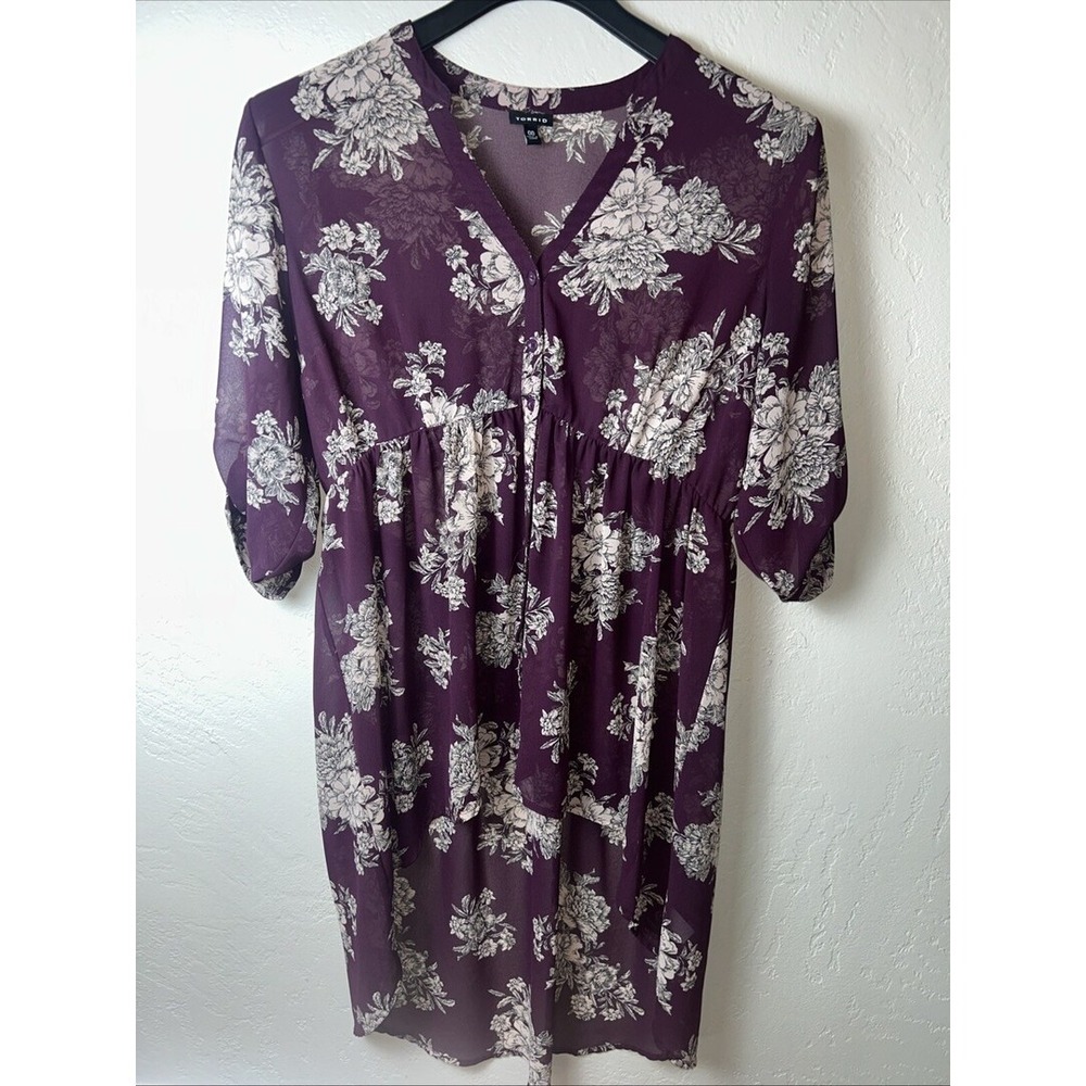 Torrid Tunic Top Womens 00 Mulberry Floral Chiffon Hi Lo V-Neck Roll Tab Sleeve